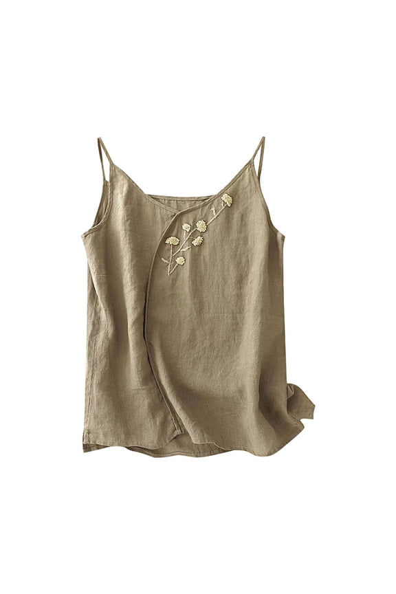 Spaghetti Strap Women's Cotton Linen Casual Camisole Wrap Floral Embroidered V Neck Solid Tank Top Versatile Top for Spring Summer Days