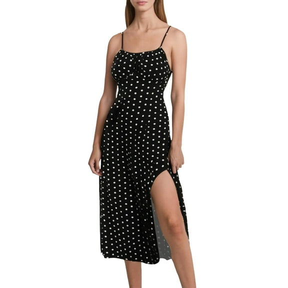 Spaghetti Strap Women's Sexy Square Neck Pleated Dress with Slit, Polka Dot Boho Style, Ideal for Summer