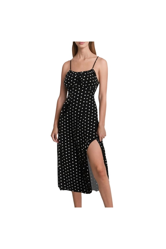 Spaghetti Strap Women's Sexy Square Neck Pleated Dress with Slit, Polka Dot Boho Style, Ideal for Summer