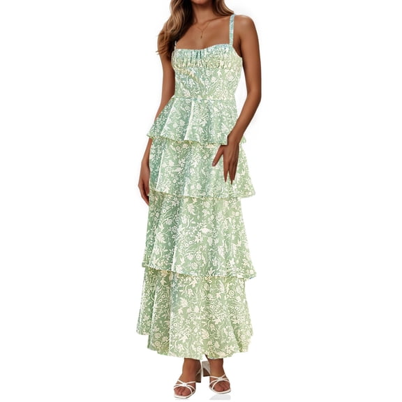 Spaghetti Strap Womens Floral Print Maxi Dresses Casual Sleeveless Ruffle Flowy Tiered Dress