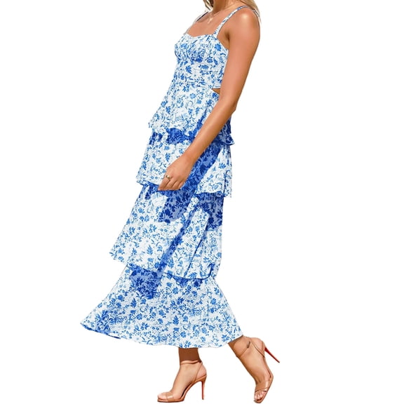 Spaghetti Strap Womens Floral Print Maxi Dresses Casual Sleeveless Ruffle Flowy Tiered Dress