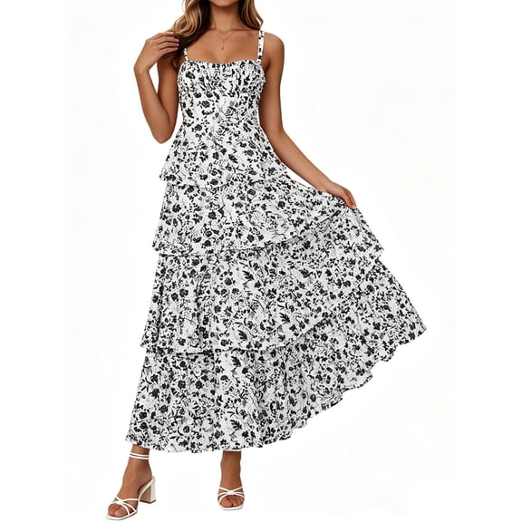 Spaghetti Strap Womens Floral Print Maxi Dresses Casual Sleeveless Ruffle Flowy Tiered Dress