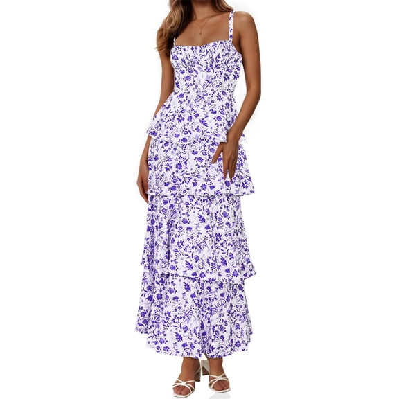Spaghetti Strap Womens Floral Print Maxi Dresses Casual Sleeveless Ruffle Flowy Tiered Dress