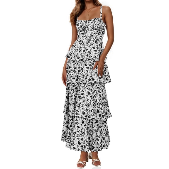 Spaghetti Strap Womens Floral Print Maxi Dresses Casual Sleeveless Ruffle Flowy Tiered Dress