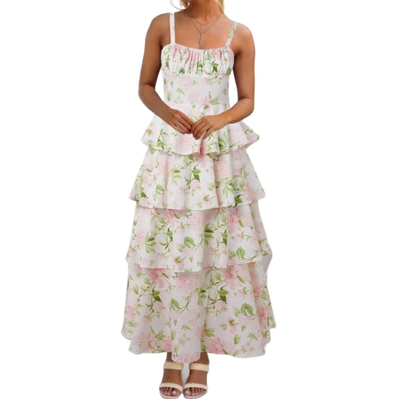 Spaghetti Strap Womens Floral Print Maxi Dresses Casual Sleeveless Ruffle Flowy Tiered Dress