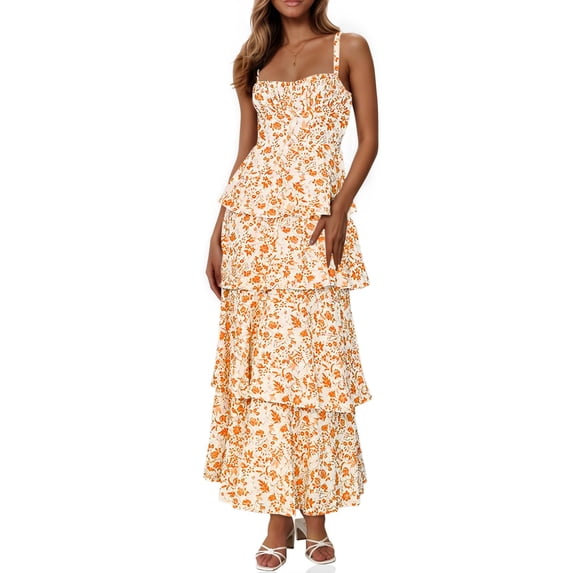 Spaghetti Strap Womens Floral Print Maxi Dresses Casual Sleeveless Ruffle Flowy Tiered Dress