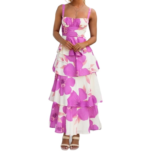 Spaghetti Strap Womens Floral Print Maxi Dresses Casual Sleeveless Ruffle Flowy Tiered Dress