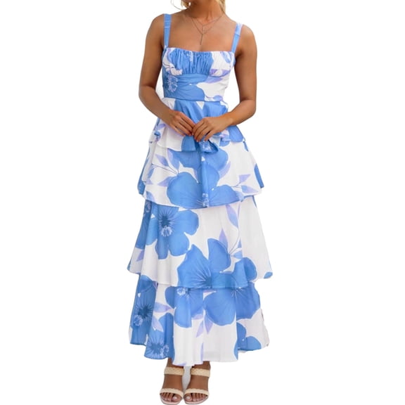 Spaghetti Strap Womens Floral Print Maxi Dresses Casual Sleeveless Ruffle Flowy Tiered Dress