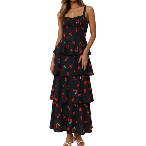 Spaghetti Strap Womens Floral Print Maxi Dresses Casual Sleeveless Ruffle Flowy Tiered Dress