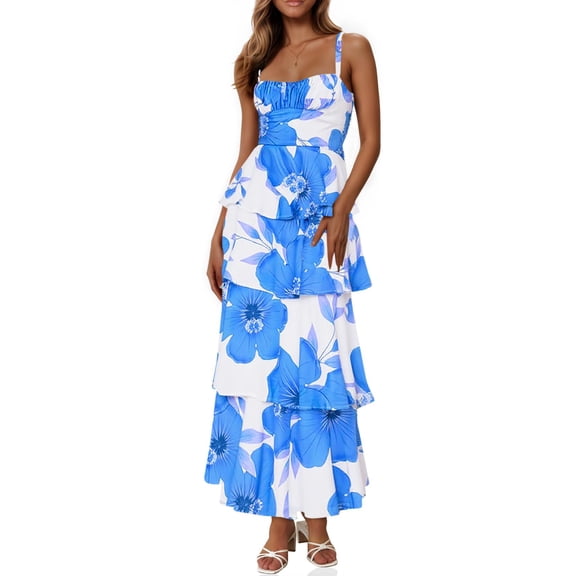 Spaghetti Strap Womens Floral Print Maxi Dresses Casual Sleeveless Ruffle Flowy Tiered Dress
