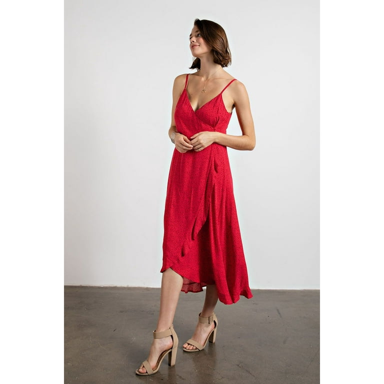 Spaghetti Strap Wrap Dress Adjustable Strap Ruffle Hem Maxi Raspberry Red  Dress