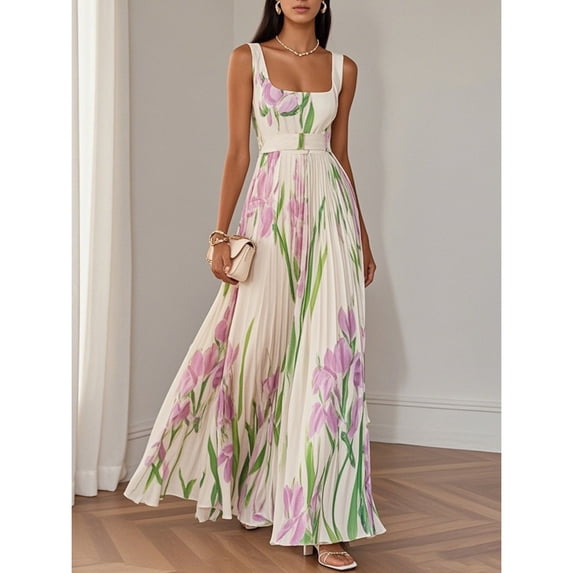 Spaghetti strap printed pleated floral maxi dress