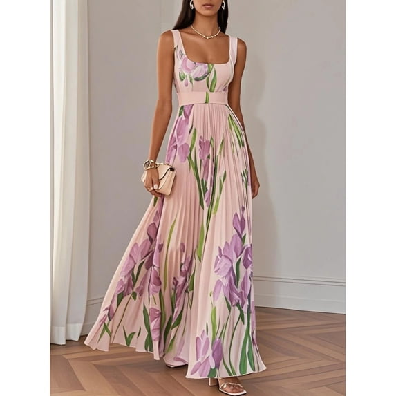 Spaghetti strap printed pleated floral maxi dress