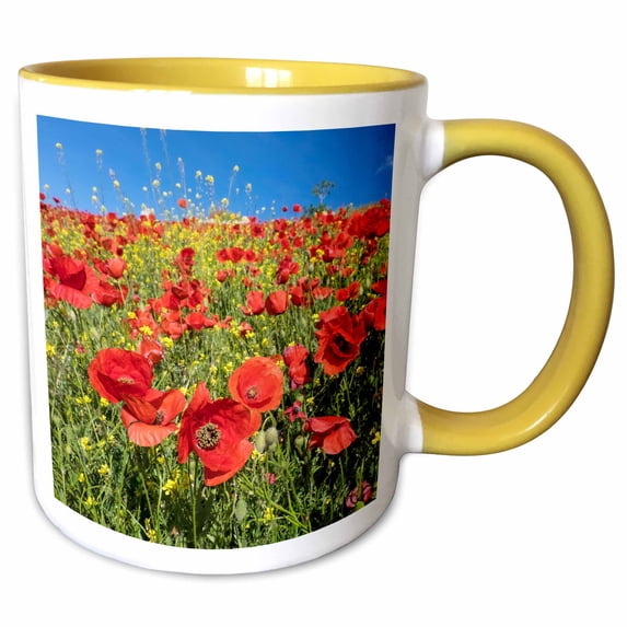 3drose, Spain, Andalusia. a Field of Bright and Cheerful Red Poppy Wildflowers, 11oz Two-tone Yellow Mug