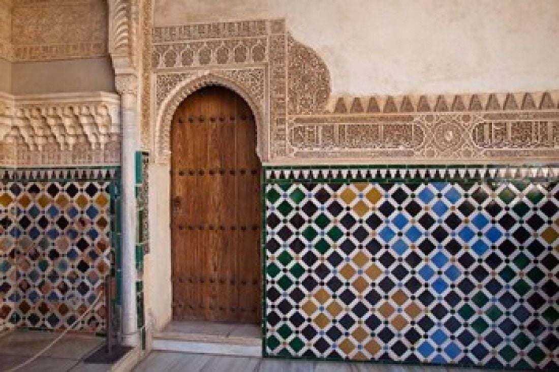 Spain Andalusia Alhambra Ornate door and tile of Nazrid Palace Canvas Art - Julie Eggers DanitaDelimont (37 x 25)