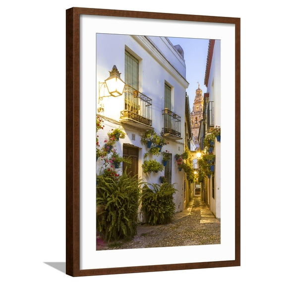 Art.com Spain, Andalusia, Cordoba. Calleja De Las Flores (Street of the Flowers) in the Old Town, at Dusk Photographic Print by Matteo Colombo, Brown Frame Wall Art, 21" x 29"