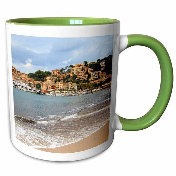 3drose, Spain, Balearic Islands, Mallorca, Port of Soller Historic Waterfront, 11oz Two-tone Green Mug