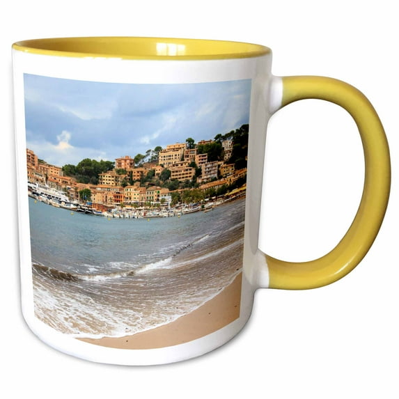 3drose, Spain, Balearic Islands, Mallorca, Port of Soller Historic Waterfront, 11oz Two-tone Yellow Mug