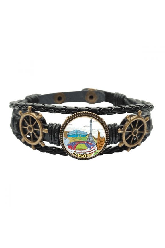 Spain Barcelona Monument Watercolor Leather Braided Ocean Bracelet Wristband