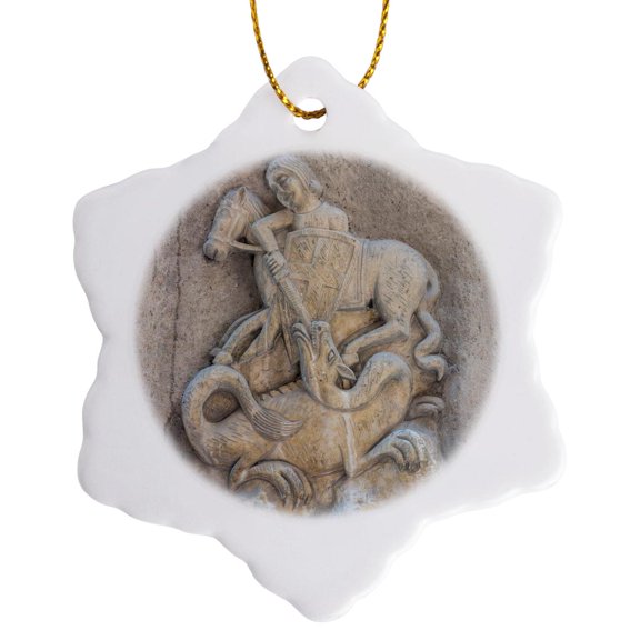 3drose, Spain, Barcelona, Relief Sculpture of St. George Slaying the Dragon, 3 inch Snowflake Porcelain Ornament