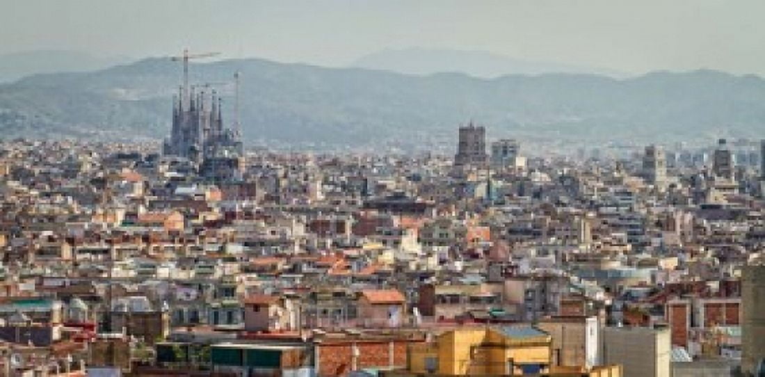 Spain Barcelona The cityscape viewed from the Palau Nacional Canvas Art - Christopher Reed DanitaDelimont (35 x 18)