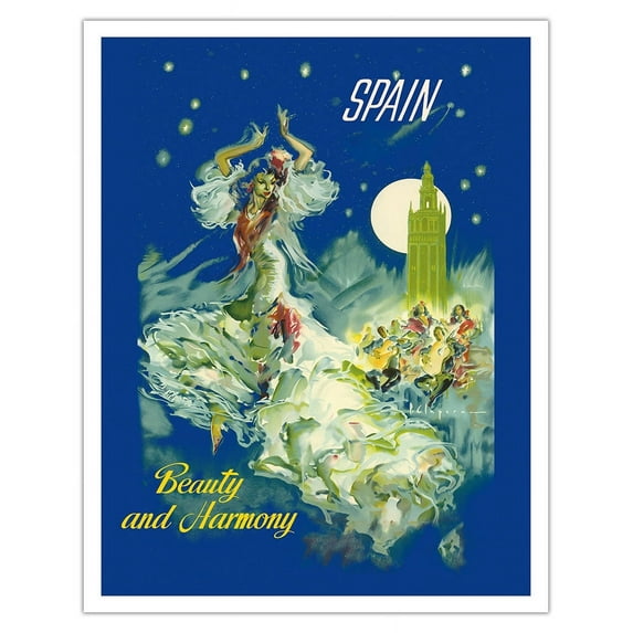 Spain - Beauty and Harmony - Vintage Travel Poster by Pere Clapera c.1950s - Fine Art Matte Paper Print (Unframed) 11x14in