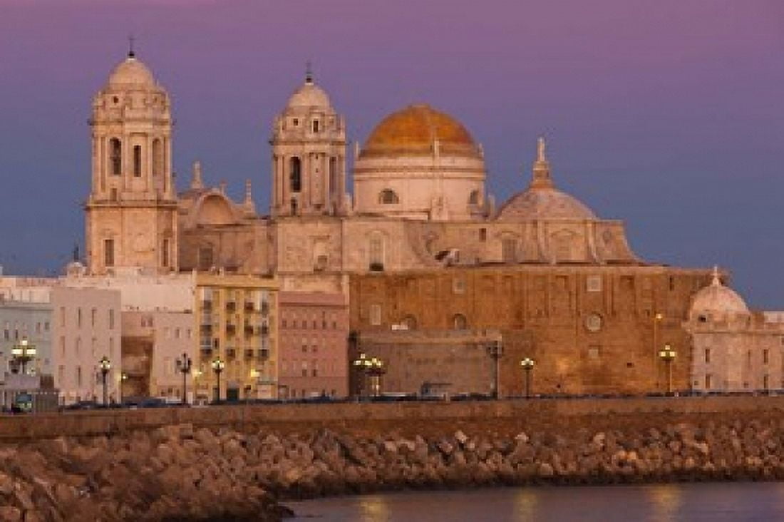 Spain Cadiz Cathedral Dusk Canvas Art - Walter Bibikow DanitaDelimont (38 x 25)