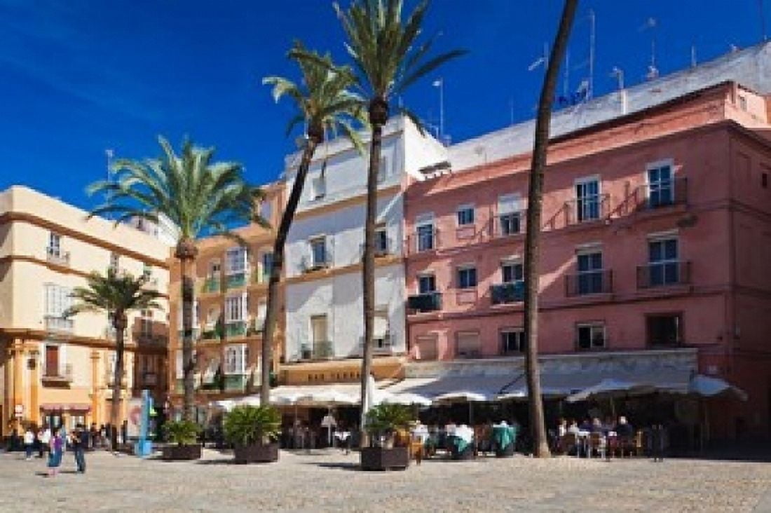 Spain Cadiz buildings on Plaza de la Catedral Canvas Art - Walter Bibikow DanitaDelimont (19 x 12)