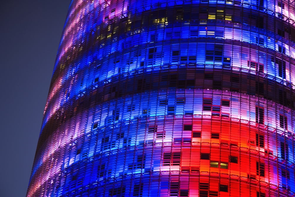 Spain Colorful elevation of Agbar Tower Barcelona Canvas Art - Carlos Sanchez Pereyra Design Pics (38 x 24)
