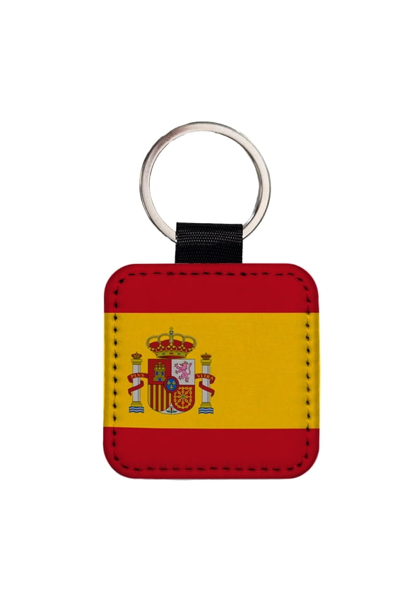 Spain Country Flag Faux Leather Square Keychain