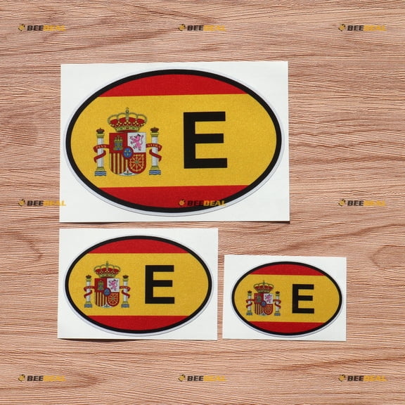 Spain E Oval Country Code Spanish Flag Espana Vinyl Decal Sticker - 3 Pack Reflective, 3 Inches, 4 Inches, 6 Inches - for Car Boat Laptop Cup Phone