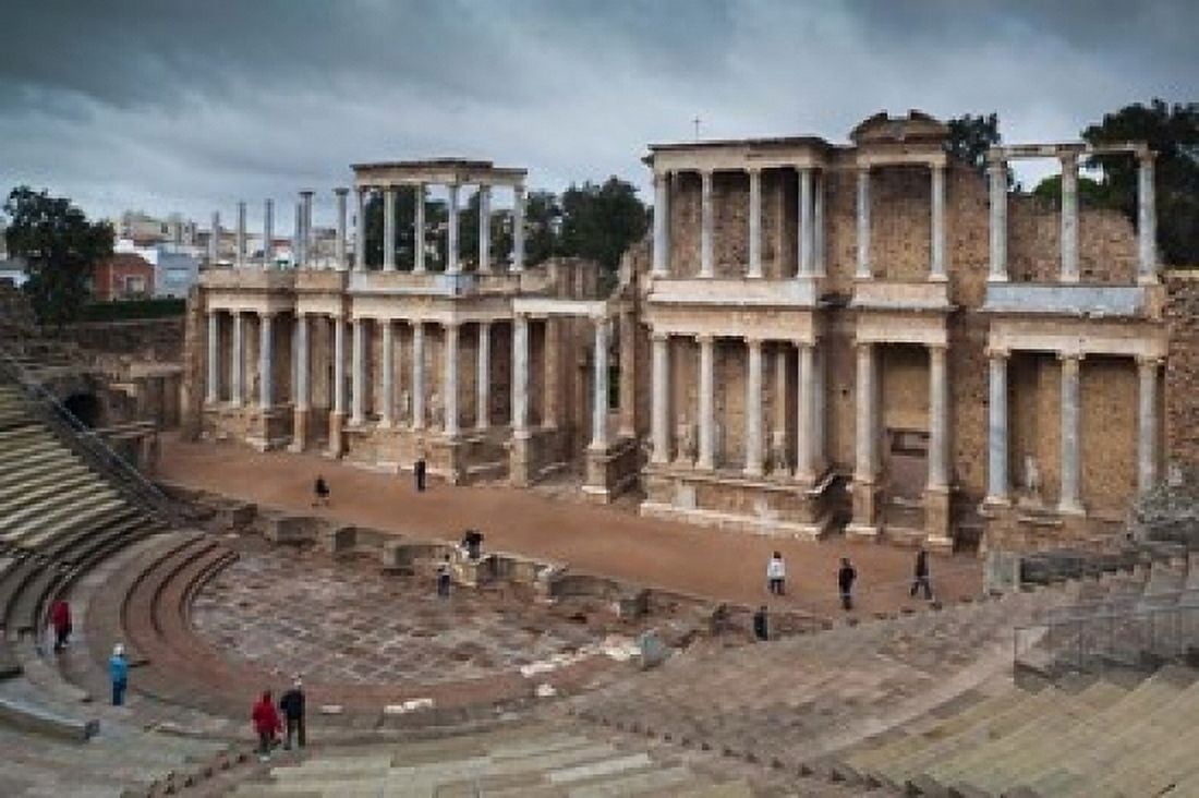 Spain Extremadura Badajoz Merida Roman Theater Canvas Art - Walter Bibikow DanitaDelimont (18 x 12)