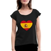 Spain Flag Love Heart Patriotic Pride Symbol Women's Roll Cuff T-Shirt Rolled Sleeve Tee