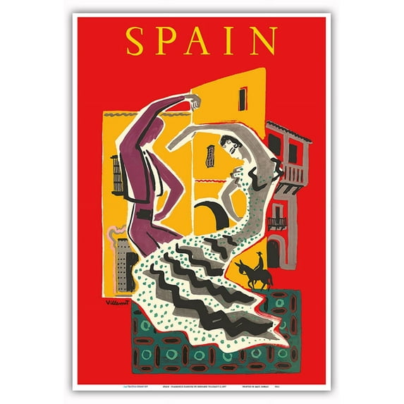 Spain - Flamenco Dancers - Vintage Travel Poster by Bernard Villemot c.1957 - Master Art Print (Unframed) 13in x 19in