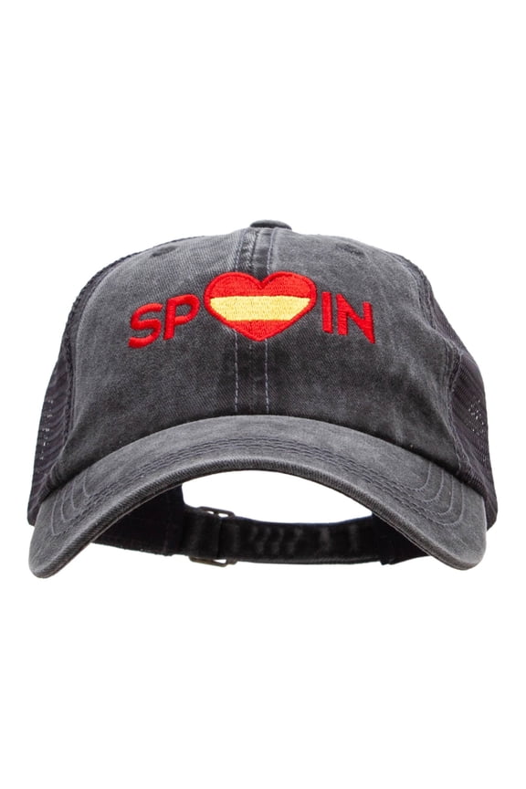 Spain Heart Embroidered Pigment Dyed Mesh Cap - Black Charcoal OSFM