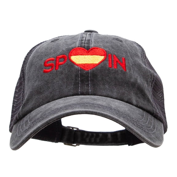 Spain Heart Embroidered Pigment Dyed Mesh Cap - Black Charcoal OSFM