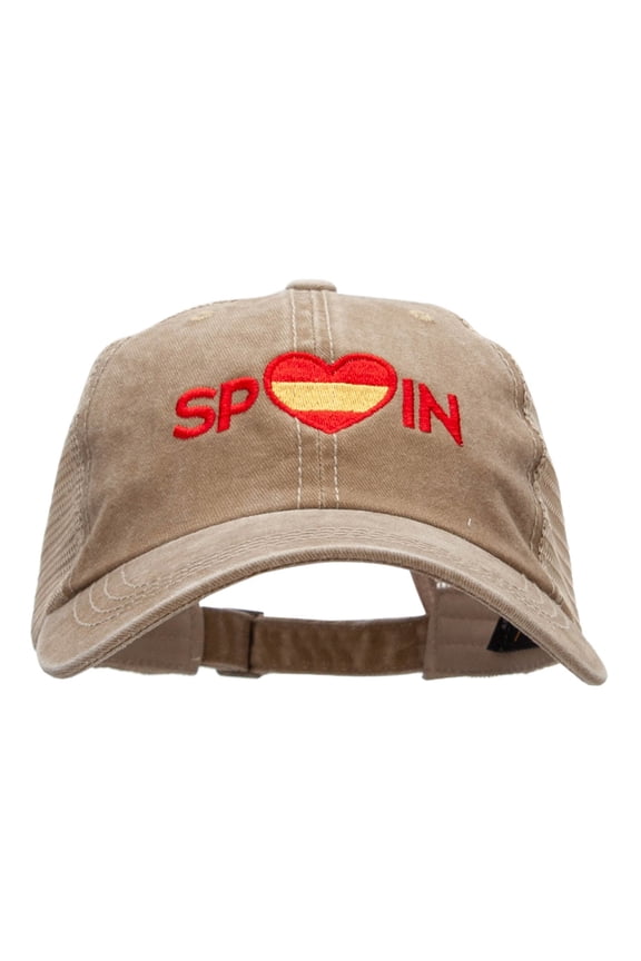 Spain Heart Embroidered Pigment Dyed Mesh Cap - Dark Beige Khaki OSFM