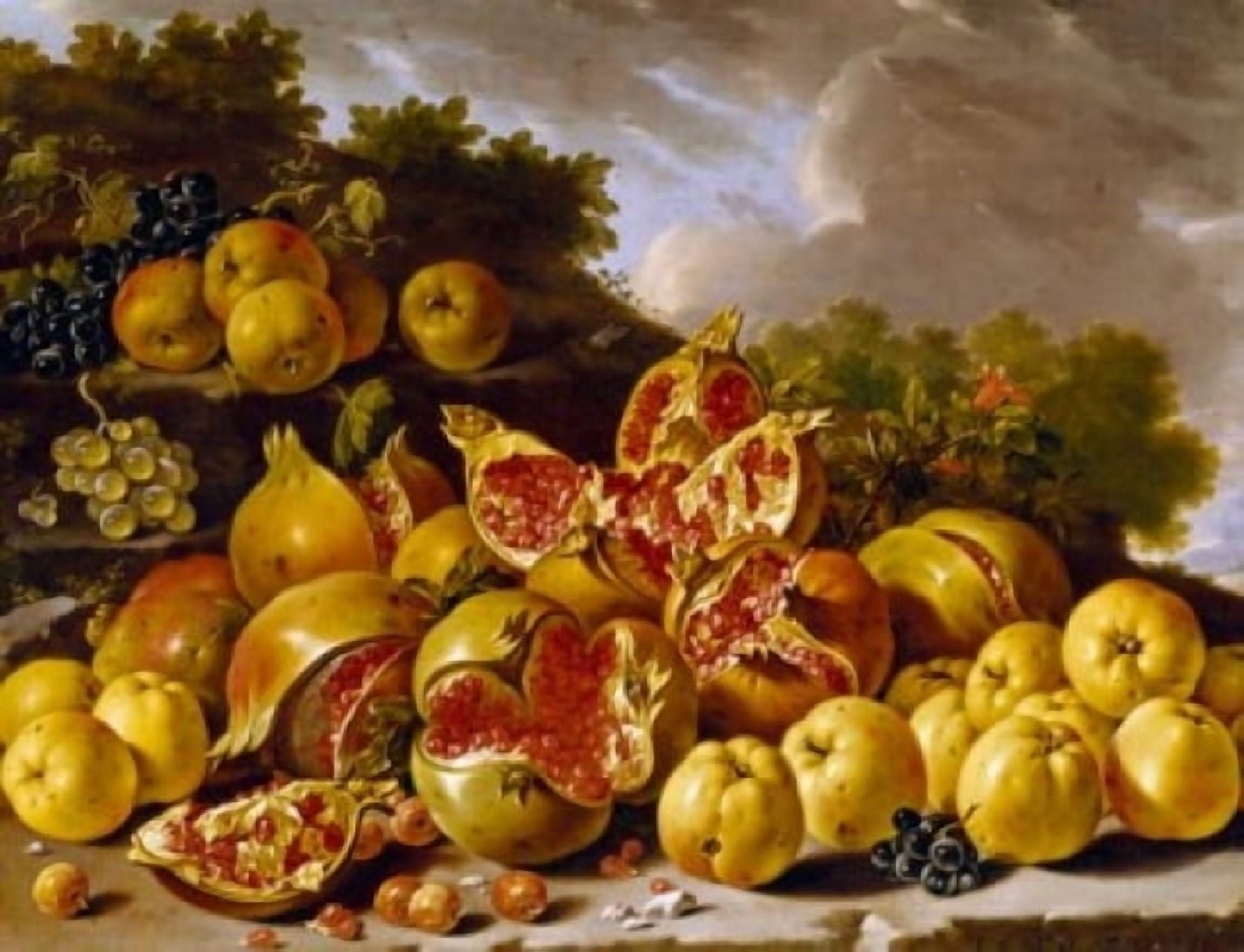 Spain Madrid Museo del Prado Bodegon Style Still Life with Pomegranates Apples Azaroles and Grapes in a Landscape by Luis Egidio Melendez oil on canvas 1771 (1716-1780) Canvas Art - (18 x 24)