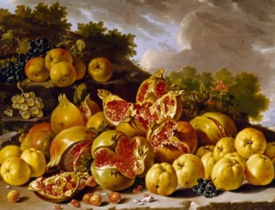 Spain Madrid Museo del Prado Bodegon Style Still Life with Pomegranates Apples Azaroles and Grapes in a Landscape by Luis Egidio Melendez oil on canvas 1771 (1716-1780) Canvas Art - (24 x 36)