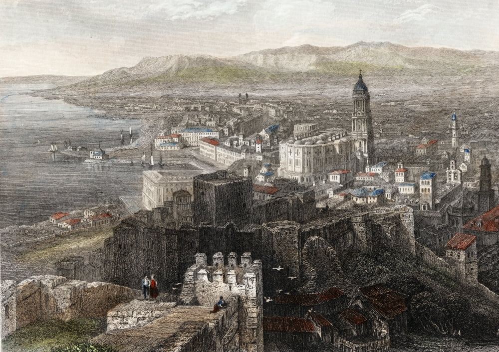 Spain Malaga General View 1840 Steel Engraving Lalaise Canvas Art - Ken Welsh Design Pics (18 x 12)