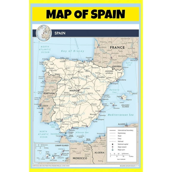 Spain Map Poster - Laminated Wall Map - 18x24 - Ideal for Classrooms and Homes – Features Bright Colors and Vivid Imagery