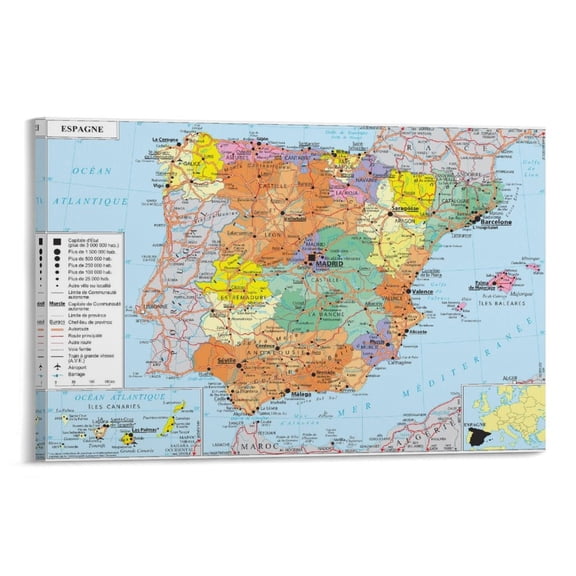 Spain Map Posters Painting On Canvas Wall Art Poster Scroll Picture Print Living Room Walls Decor Home Posters 20x30inch(50x75cm)