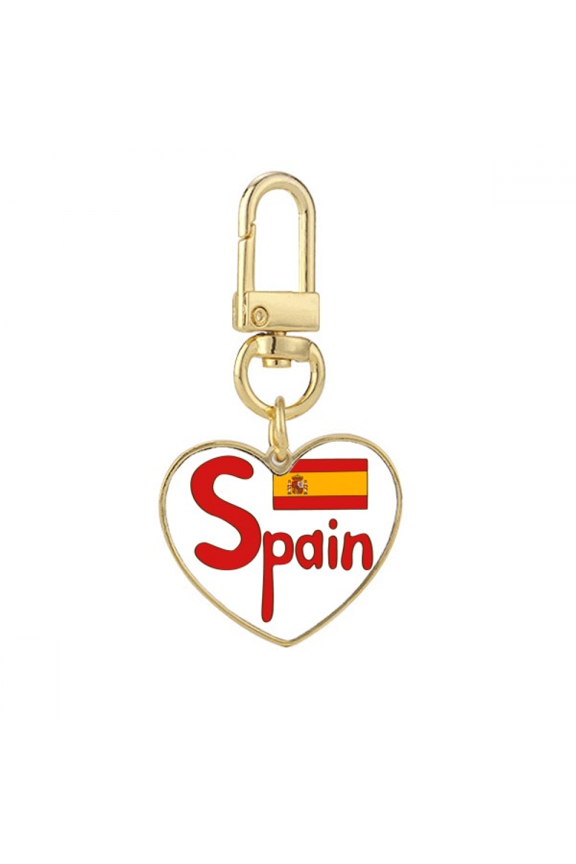 Spain National Flag Red Pattern Gold Heart Keychain Metal Keyring Holder