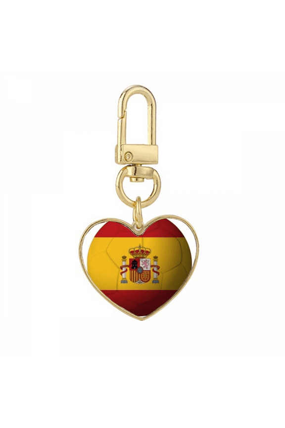 Spain National Flag Soccer Football Gold Heart Keychain Metal Keyring Holder