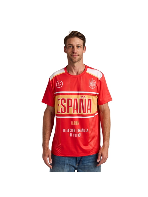 Spain National Team Champions Soccer Jersey T-Shirt - Men's Red & Blue Crew Neck Short Sleeve Federation Logo Tee