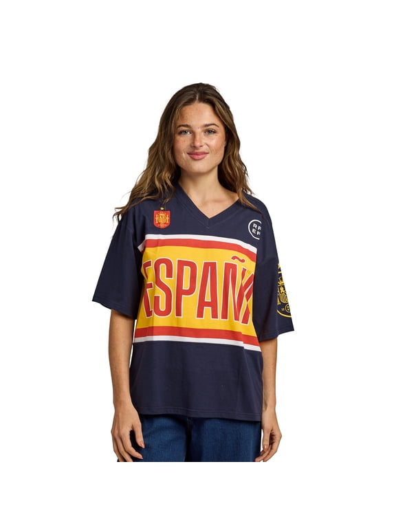 Spain National Team Champions Soccer Jersey T-Shirt - Women's Navy Crew Neck Short Sleeve Federation Logo Tee