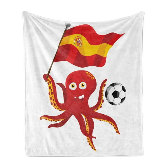 Spain Soft Flannel Fleece Throw Blanket, Funny Cartoon Graphic of Octopus with a Flag and Soccer Ball Print, Cozy Plush for Indoor and Outdoor Use, 70" x 90", Vermilion Yellow and White, by Ambesonne