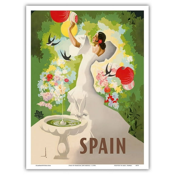 Spain - Spanish Dancer with Fountain and Birds - Vintage Travel Poster by Marcias Jose Morell c.1941 - Master Art Print (Unframed) 9in x 12in