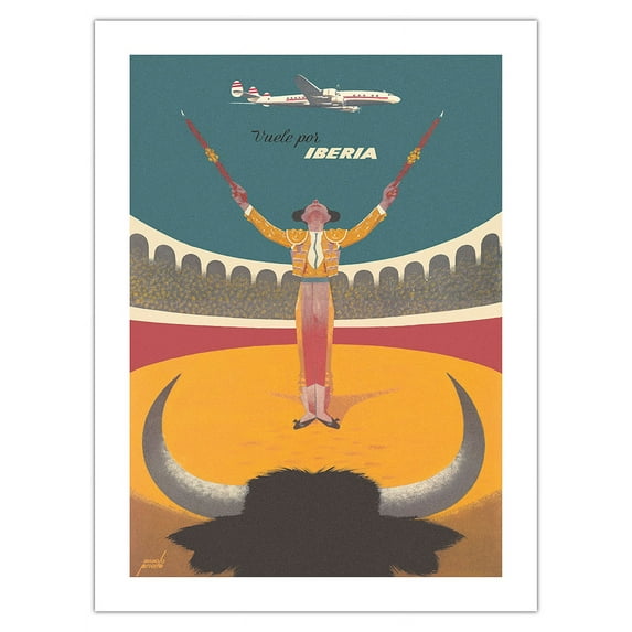Spain - Spanish Matador Bullfight - Iberia Air Lines of Spain - Vintage Travel Poster by Manolo Prieto c.1970s - Bamboo Fine Art 290gsm Paper Print (Unframed) 18x24in