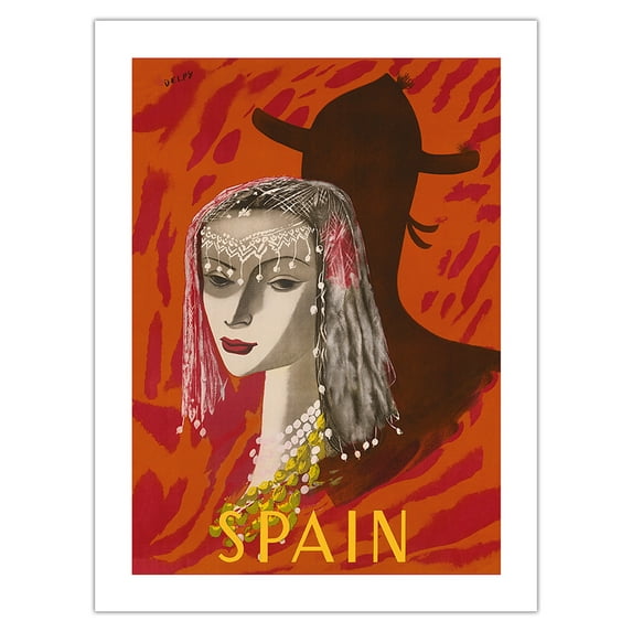 Spain - Spanish Woman with Lace Mantilla - Vintage Travel Poster by Jacques Henri Delpy c.1950 - Bamboo Fine Art 290gsm Paper (Unframed) 12x16in